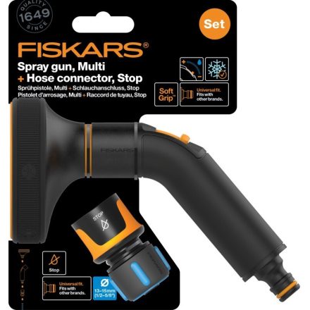 Fiskars Comfort locsolópisztoly, multi + CF tömlőcsatlakozó 13-15mm, STOP