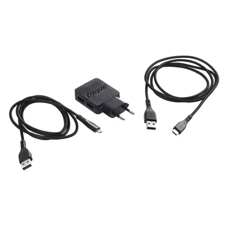 Energizer fali töltő 2x usb 2,4A  usb C Microusb kábel fekete