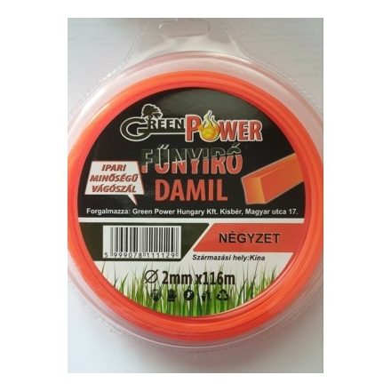 GreenPower MŰANYAG VÁGÓSZÁL 1LB 2MM NÉGYSZÖG 113 MÉTER